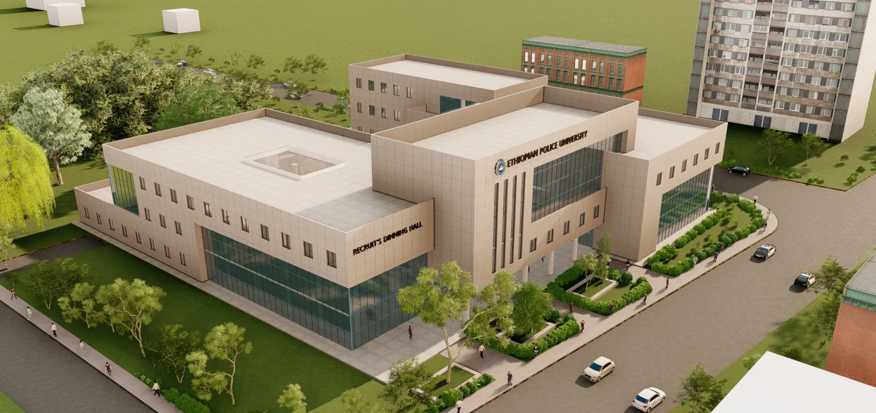 Aerial rendering of a low beige mixed-use building with landscaped grounds