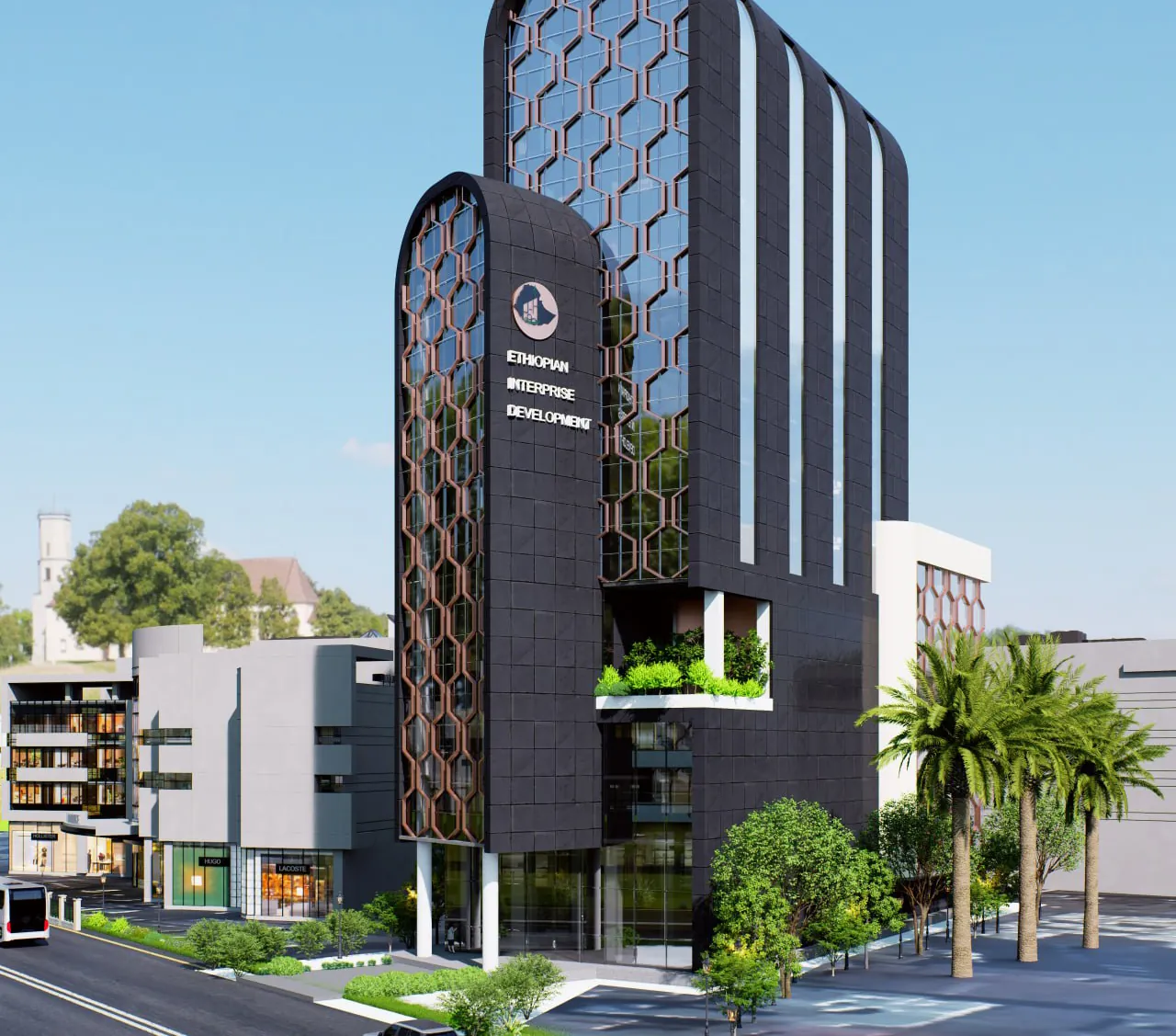 Rendering of a dark office building with arched tops and a hexagonal facade screen