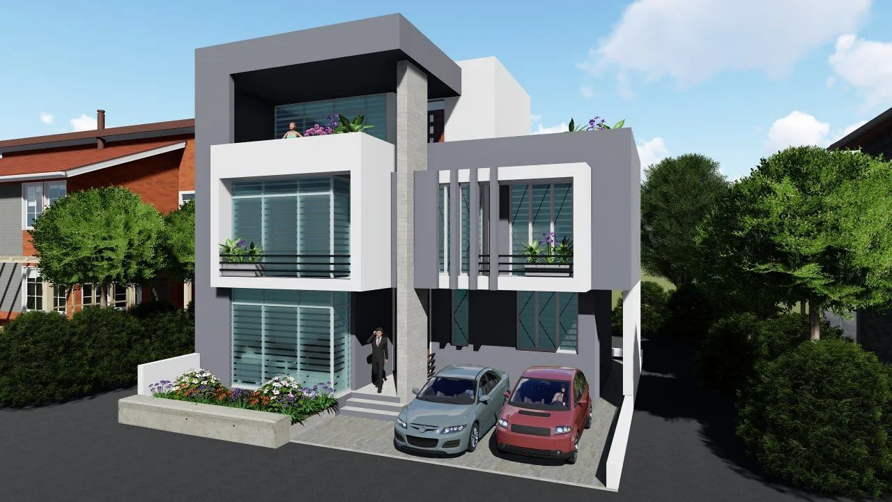 Architectural rendering of the G+2 residential villa at Bole Bulbula with white and grey facade volumes
